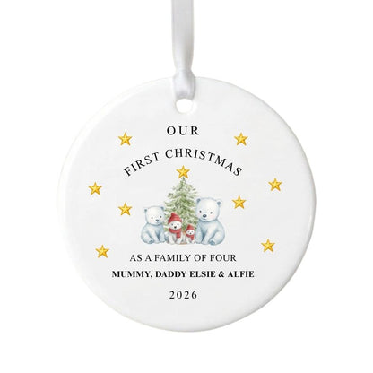 Personalised First Christmas As A Family Of Four Bears Ceramic Bauble