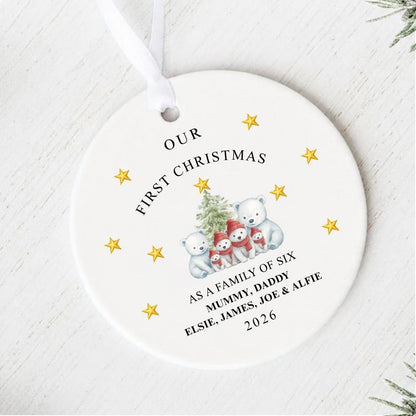Personalised First Christmas As Family Of Six Bears Ceramic Gift Christmas Bauble