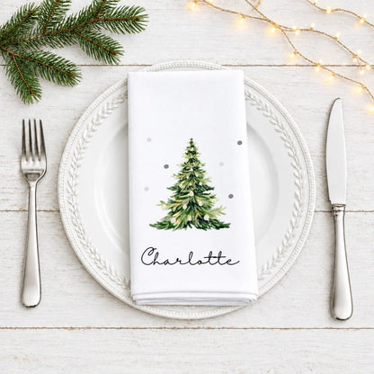 Personalised Christmas Table Setting Cloth Napkin | Watercolour Tree Fabric Napkin