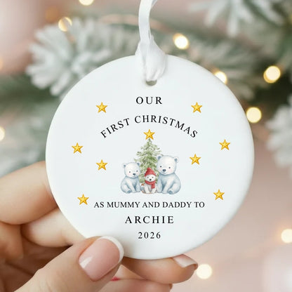 Personalised First Christmas As Mummy & Daddy To Baby Ceramic Bauble