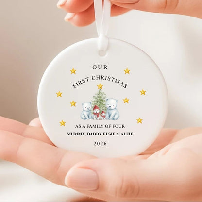 Personalised First Christmas As A Family Of Four Bears Ceramic Bauble