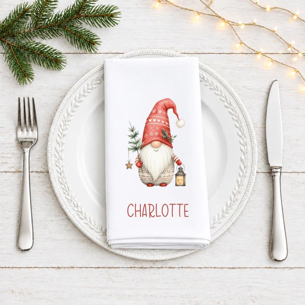 Personalised Christmas Cloth Table Napkin | Scandi Gonk Christmas Gnome Design