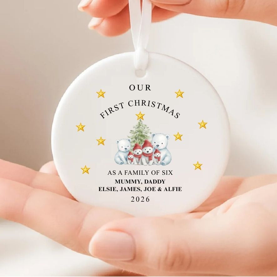 Personalised First Christmas As Family Of Six Bears Ceramic Gift Christmas Bauble