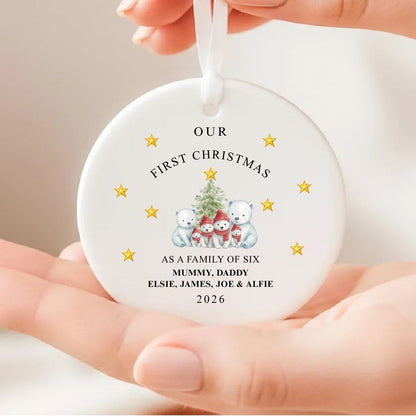 Personalised First Christmas As Family Of Six Bears Ceramic Gift Christmas Bauble