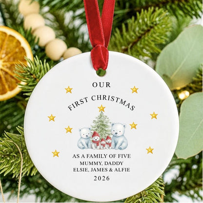 Personalised First Christmas As A Family Of Five Bears Ceramic Bauble Gift