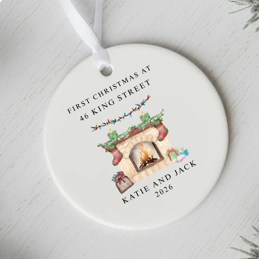 Personalised First Christmas At New Home Ceramic Bauble Fireplace Gift