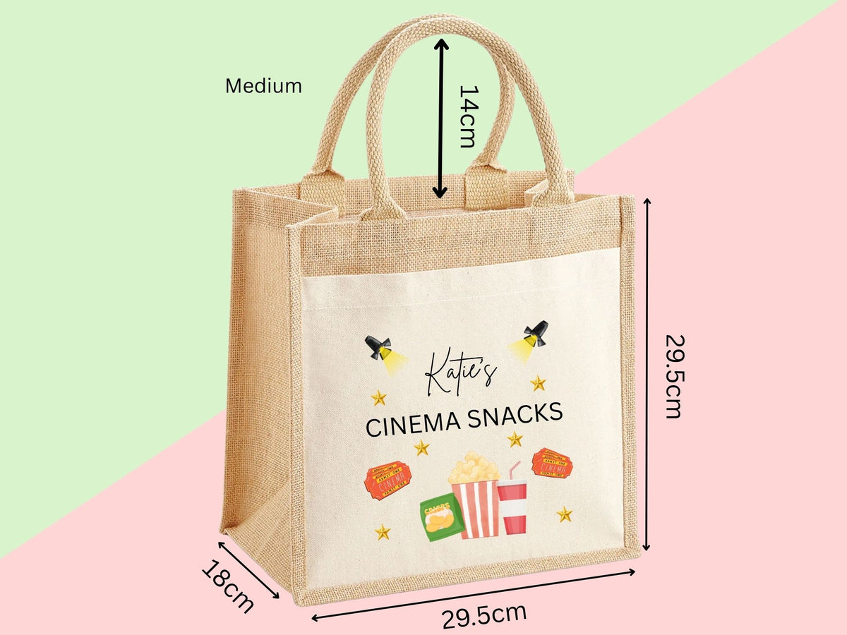 Personalised Cinema Snacks Jute Tote Bag
