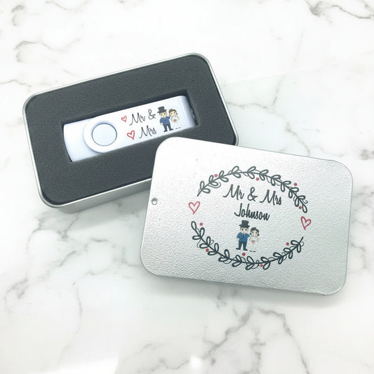 Personalised Mr & Mrs Wedding Photos USB Flashdrive In Presentation Tin