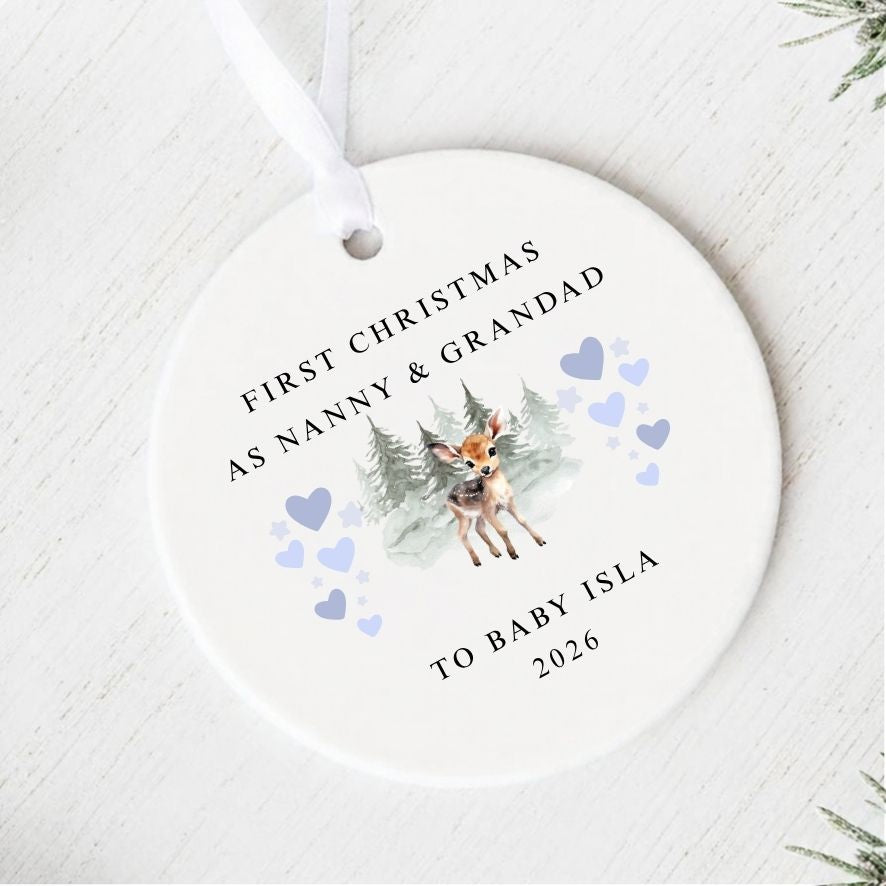 Personalised First Christmas As Nanny & Grandad Ceramic Christmas Bauble