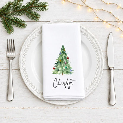 Personalised Watercolour Christmas Tree with Baubles Fabric Napkin | Christmas Cloth Napkin