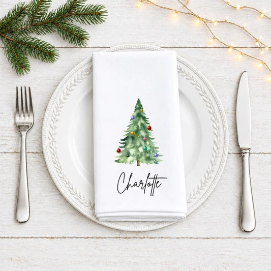 Personalised Watercolour Christmas Tree with Baubles Fabric Napkin | Christmas Cloth Napkin