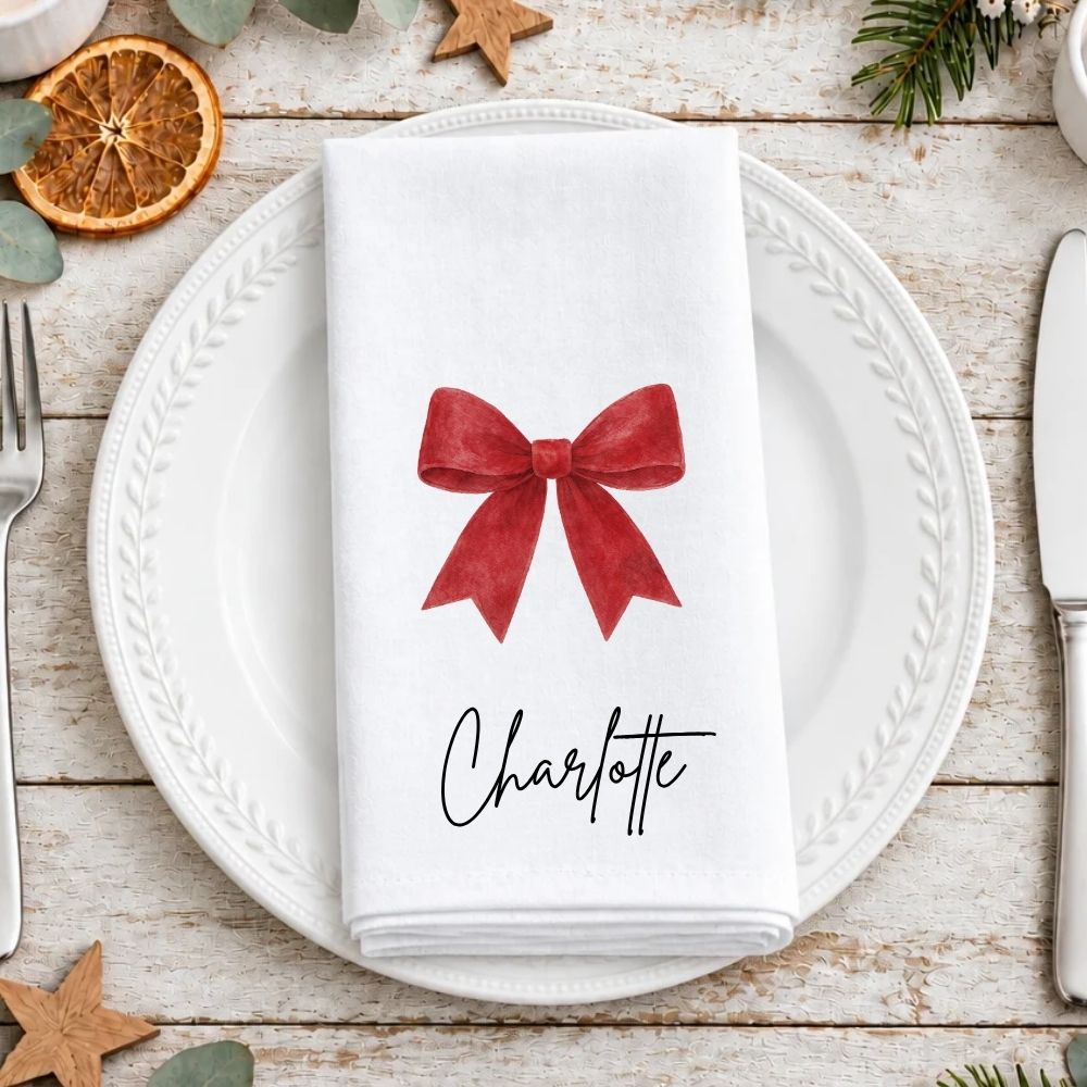 Personalised Red Bow Christmas Fabric Napkin | Christmas Cloth Napkin