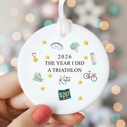 Personalised The Year I Did A Triathlon Ceramic Christmas Bauble Gift