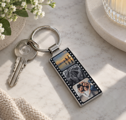 Personalised Camera Film Strip Three Photo Metal Keyring
