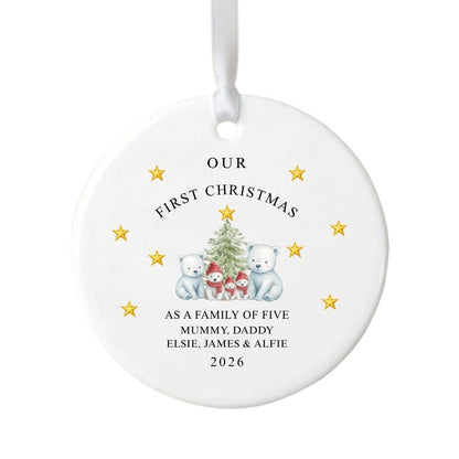 Personalised First Christmas As A Family Of Five Bears Ceramic Bauble Gift