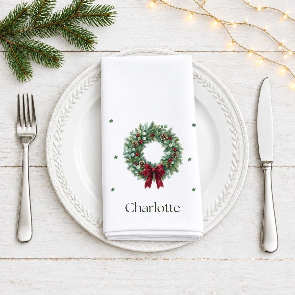 Personalised Christmas Wreath Fabric Napkin | Christmas Cloth Napkin