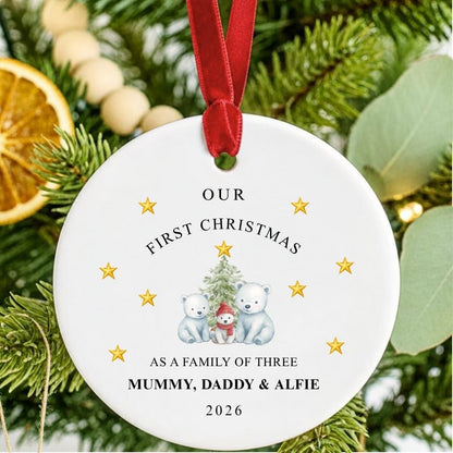 Personalised First Christmas As Family Of Three Christmas Bears Ornament
