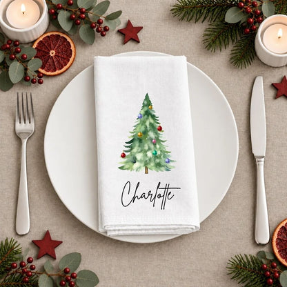 Personalised Watercolour Christmas Tree with Baubles Fabric Napkin | Christmas Cloth Napkin