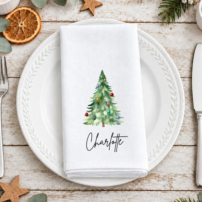 Personalised Watercolour Christmas Tree with Baubles Fabric Napkin | Christmas Cloth Napkin