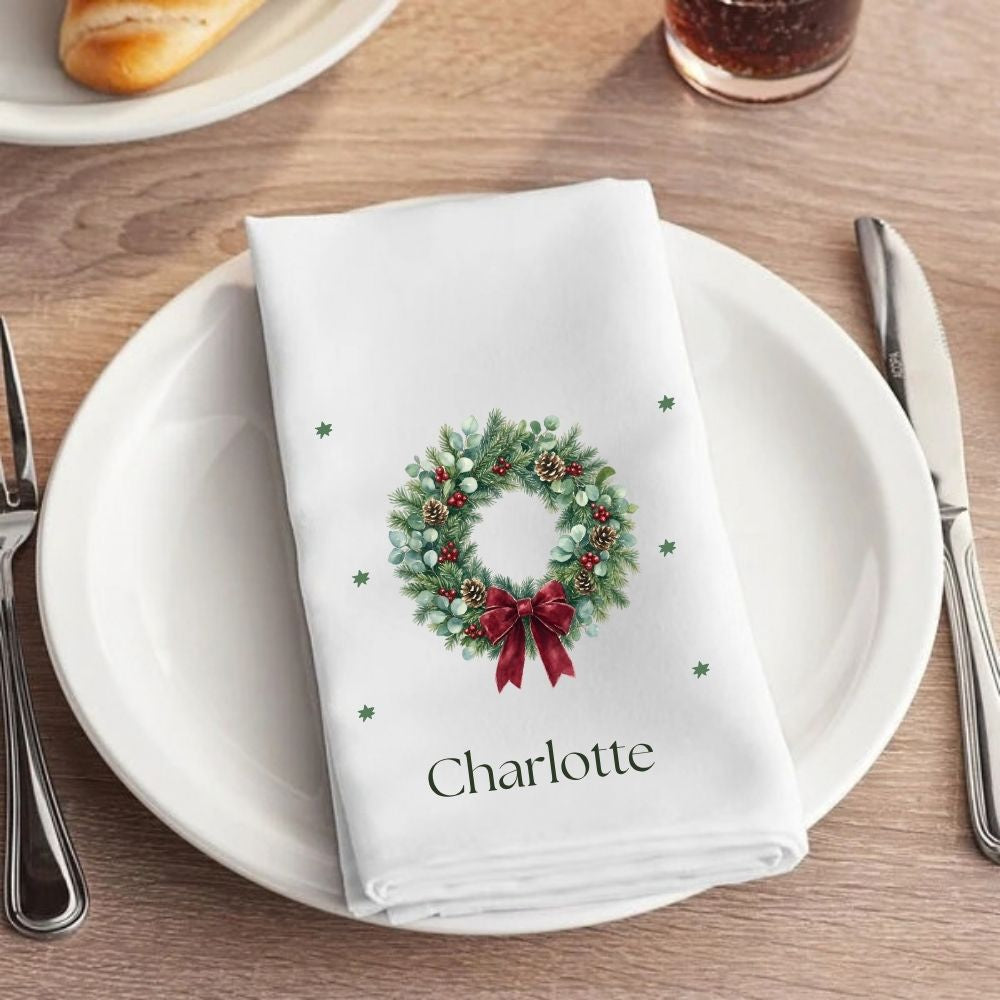 Personalised Christmas Wreath Fabric Napkin | Christmas Cloth Napkin