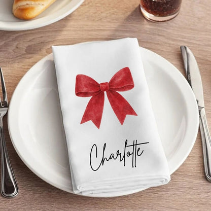 Personalised Red Bow Christmas Fabric Napkin | Christmas Cloth Napkin