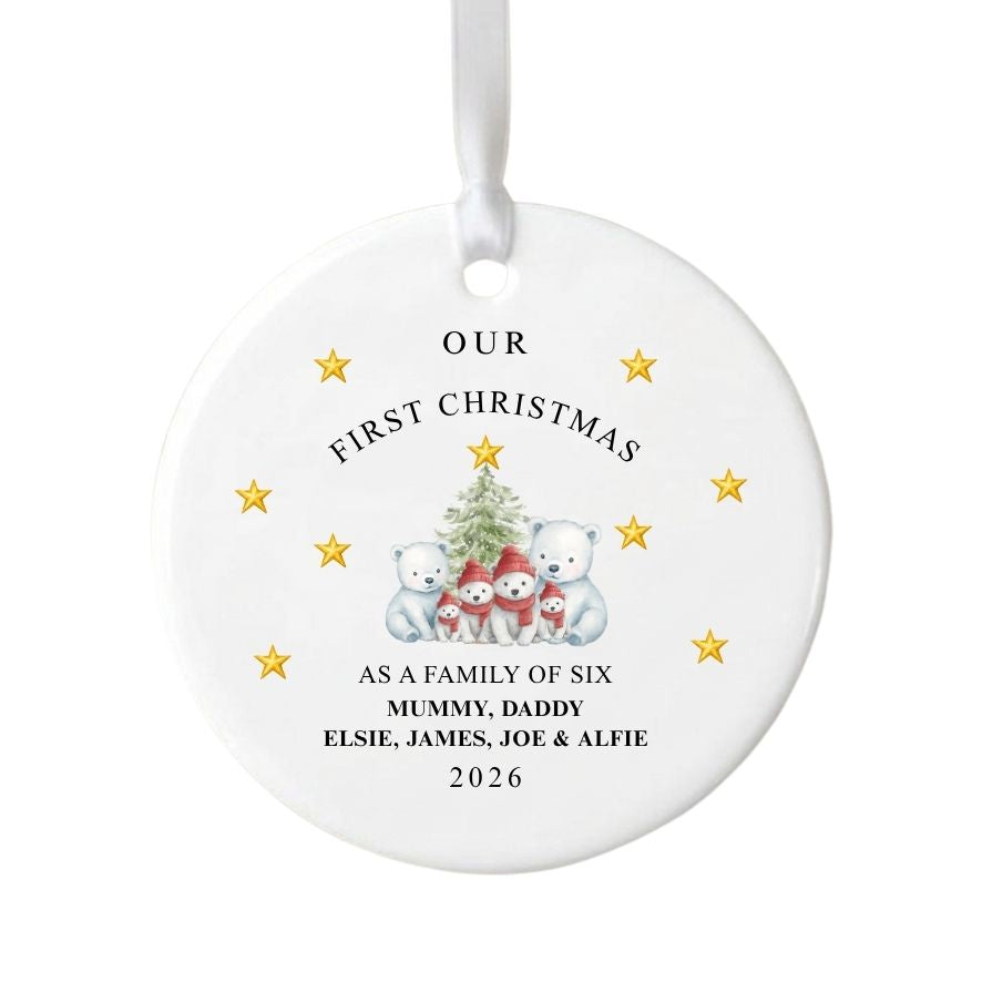 Personalised First Christmas As Family Of Six Bears Ceramic Gift Christmas Bauble