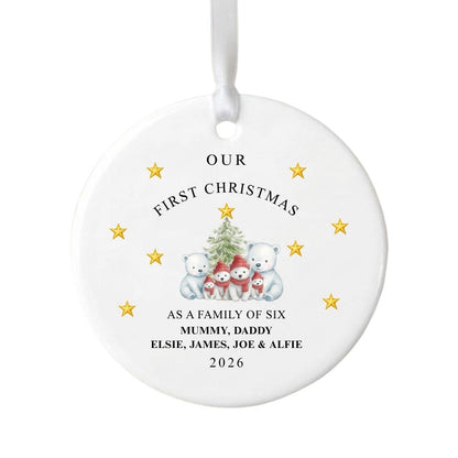 Personalised First Christmas As Family Of Six Bears Ceramic Gift Christmas Bauble