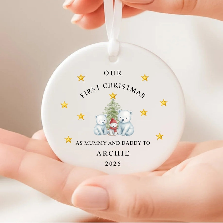 Personalised First Christmas As Mummy & Daddy To Baby Ceramic Bauble