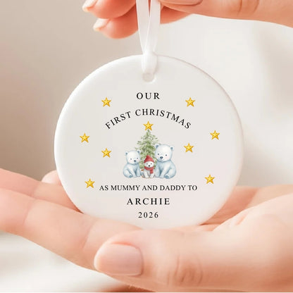 Personalised First Christmas As Mummy & Daddy To Baby Ceramic Bauble