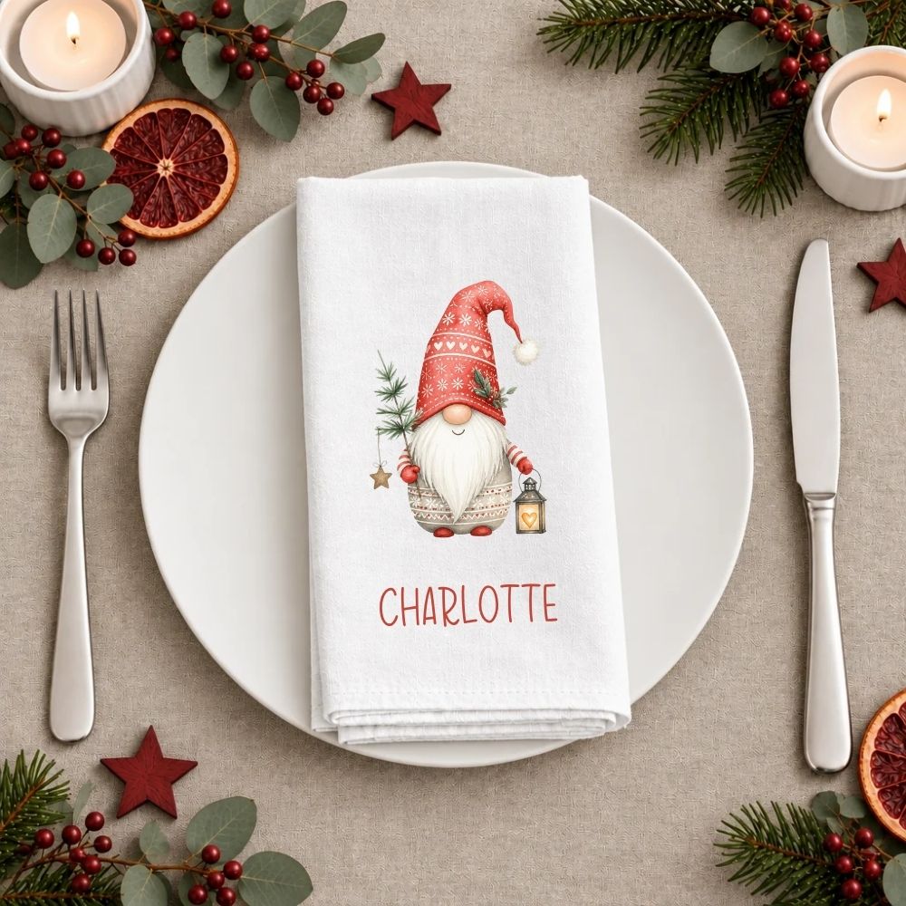 Personalised Christmas Cloth Table Napkin | Scandi Gonk Christmas Gnome Design