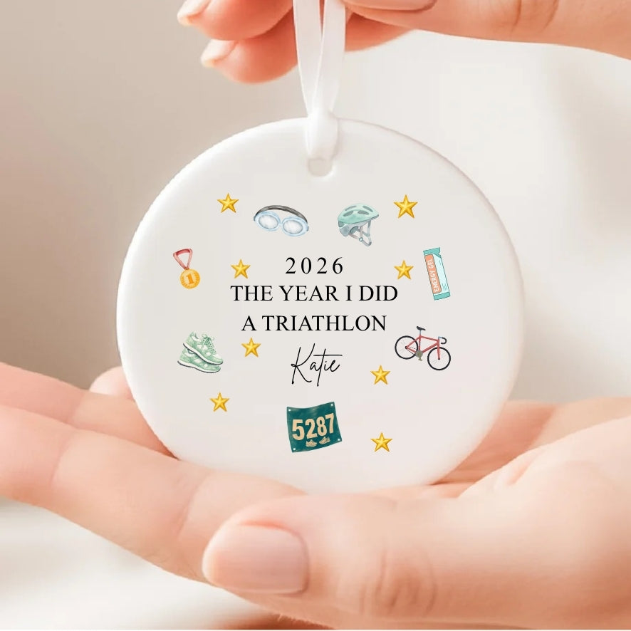 Personalised The Year I Did A Triathlon Ceramic Christmas Bauble Gift