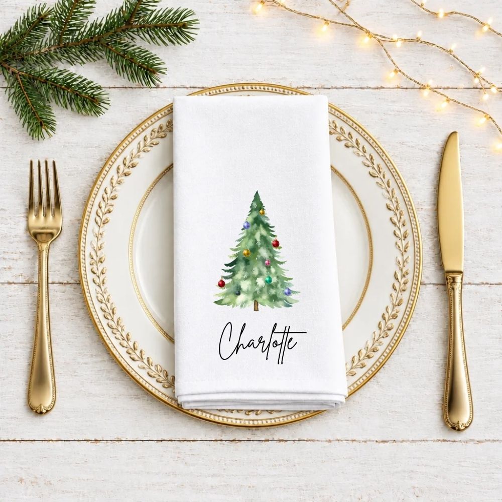 Personalised Watercolour Christmas Tree with Baubles Fabric Napkin | Christmas Cloth Napkin