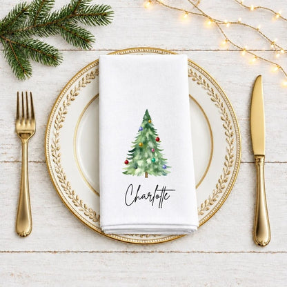 Personalised Watercolour Christmas Tree with Baubles Fabric Napkin | Christmas Cloth Napkin