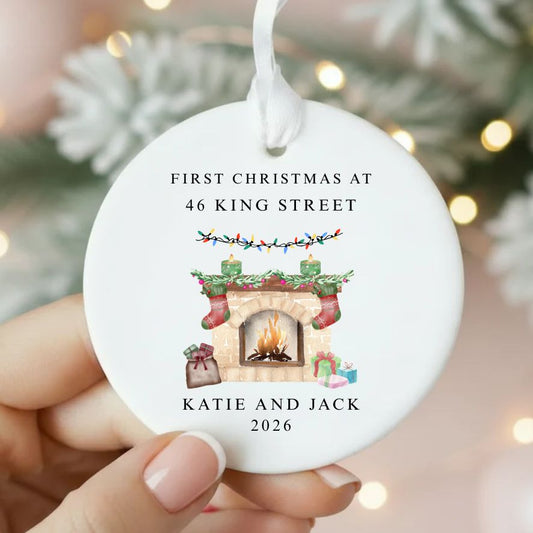 Personalised First Christmas At New Home Ceramic Bauble Fireplace Gift