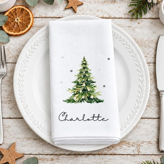 Personalised Christmas Table Setting Cloth Napkin | Watercolour Tree Fabric Napkin