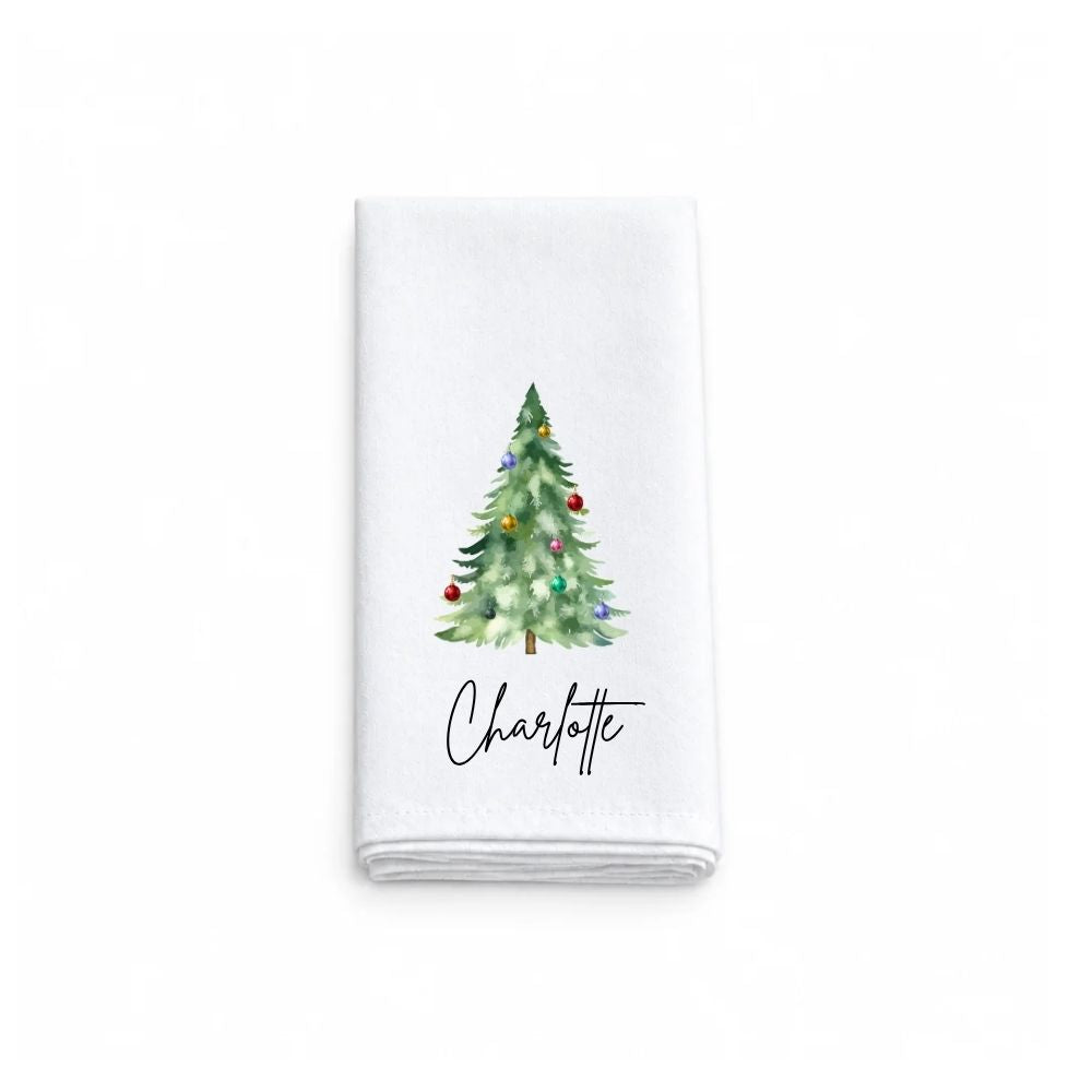 Personalised Watercolour Christmas Tree with Baubles Fabric Napkin | Christmas Cloth Napkin