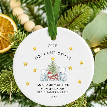 Personalised First Christmas As A Family Of Five Bears Ceramic Bauble Gift