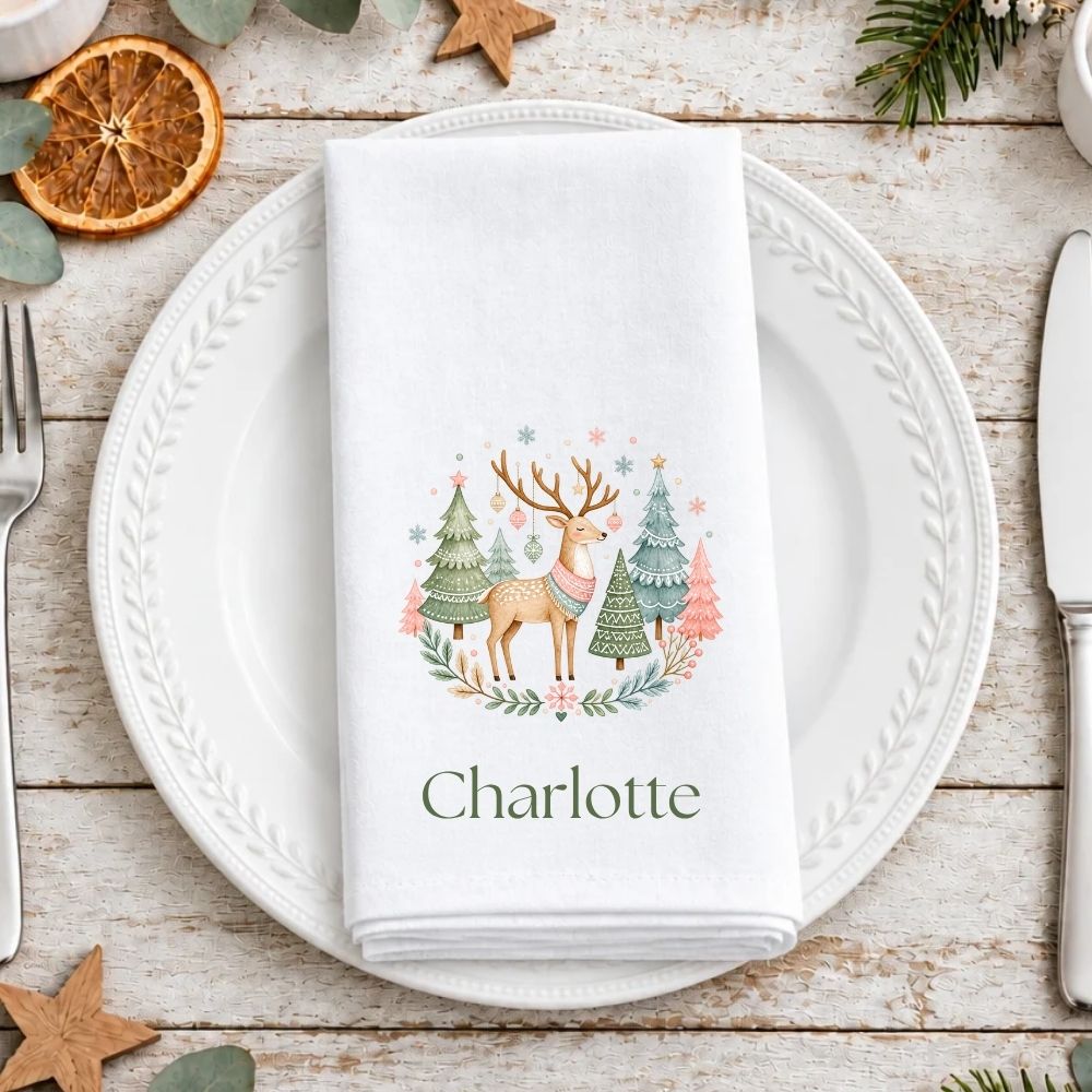 Personalised Scandi Whimsical Christmas Fabric Napkin | Woodland Christmas Cloth Napkin