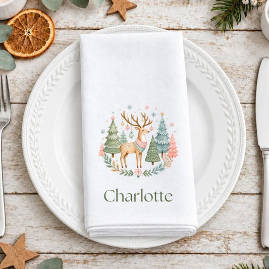 Personalised Scandi Whimsical Christmas Fabric Napkin | Woodland Christmas Cloth Napkin