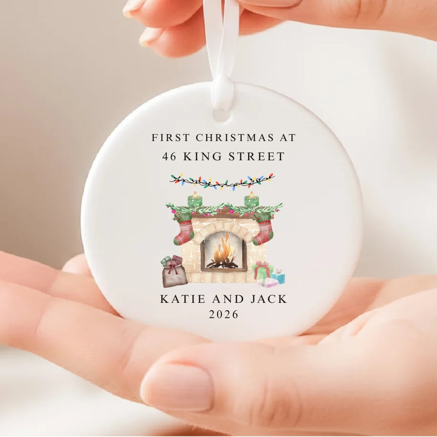 Personalised First Christmas At New Home Ceramic Bauble Fireplace Gift