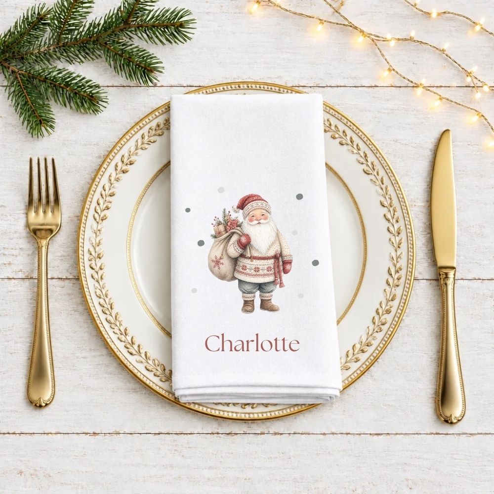 Personalised Scandi Santa Claus Fabric Napkin | Christmas Cloth Napkin