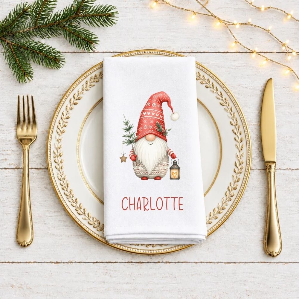 Personalised Christmas Cloth Table Napkin | Scandi Gonk Christmas Gnome Design