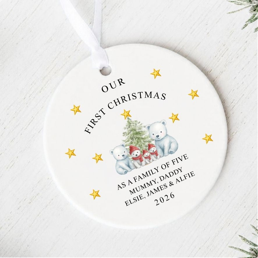 Personalised First Christmas As A Family Of Five Bears Ceramic Bauble Gift