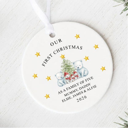 Personalised First Christmas As A Family Of Five Bears Ceramic Bauble Gift