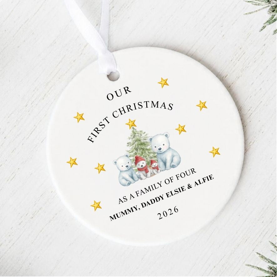Personalised First Christmas As A Family Of Four Bears Ceramic Bauble