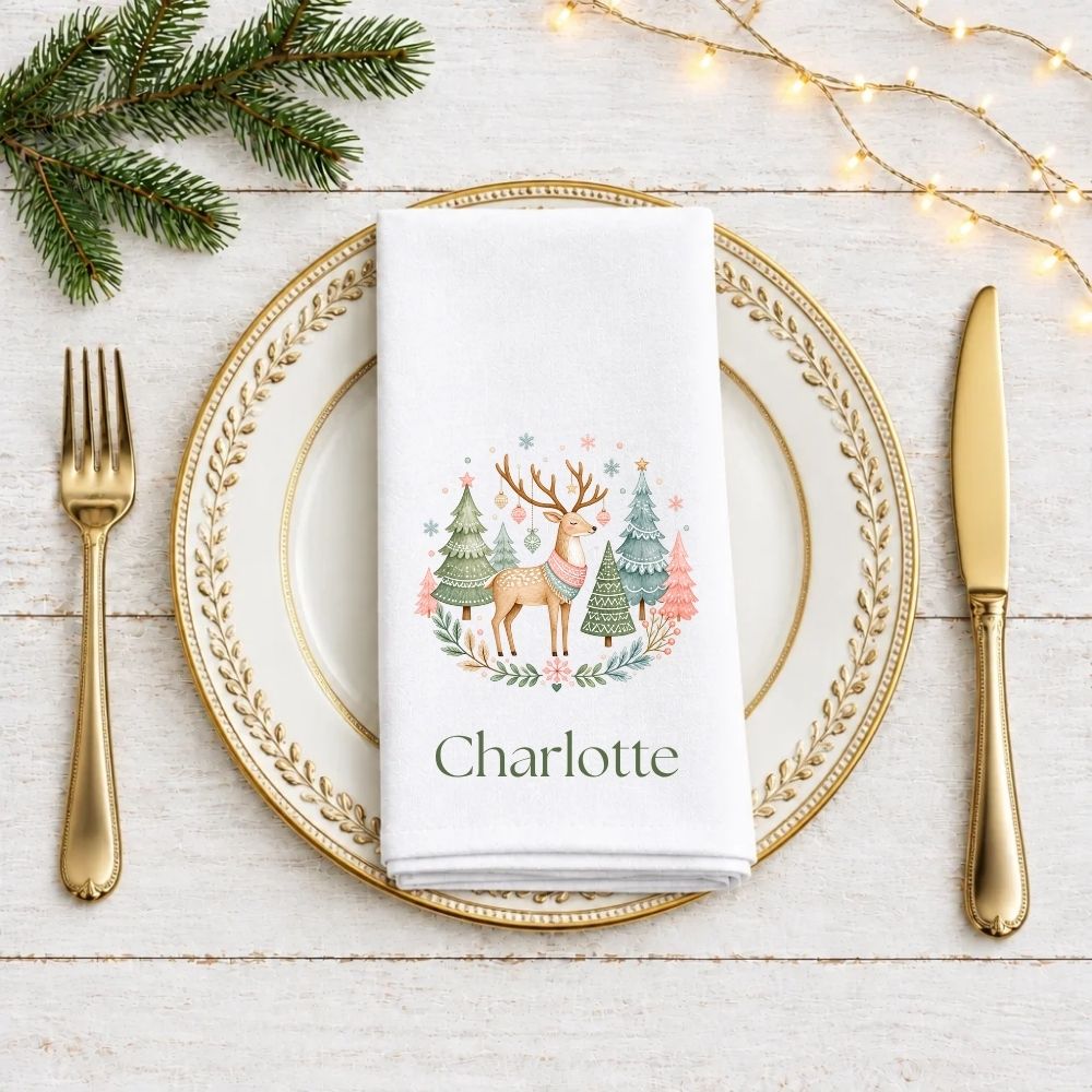 Personalised Scandi Whimsical Christmas Fabric Napkin | Woodland Christmas Cloth Napkin