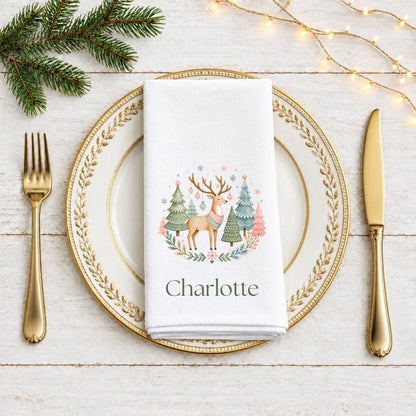 Personalised Scandi Whimsical Christmas Fabric Napkin | Woodland Christmas Cloth Napkin