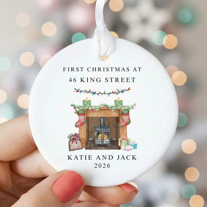 Personalised First Christmas At New Home Ceramic Bauble Fireplace Gift