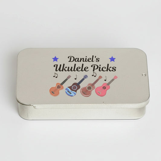 Personalised Name Ukulele Picks Metal Storage Tin