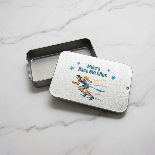 Personalised Name Running Bib Clips Metal Tin